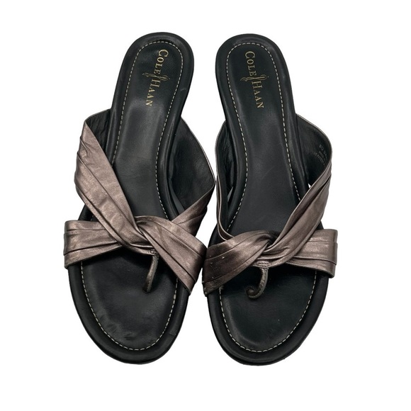 Cole Haan Bronze Metallic Criss Cross Strap Thong Wedge Sandals Size 11 Women’s - Picture 5 of 10